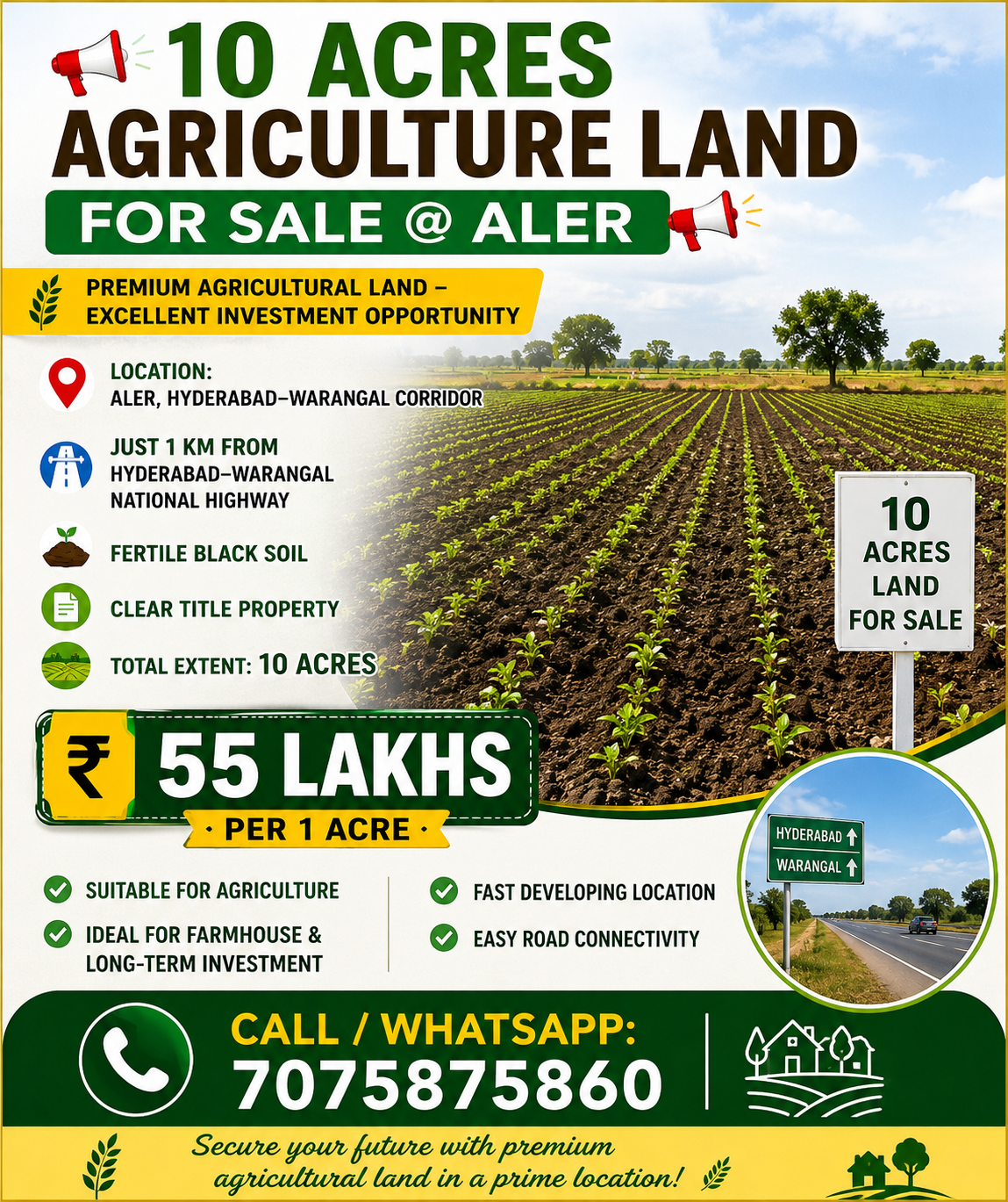 10 Acres Agriculture Land for Sale in Aler – Prime Farm land Investment
