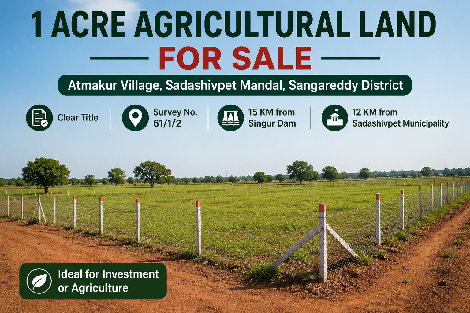 1 Acre Agricultural Land for Sale in Atmakur Village, Sadashivpet