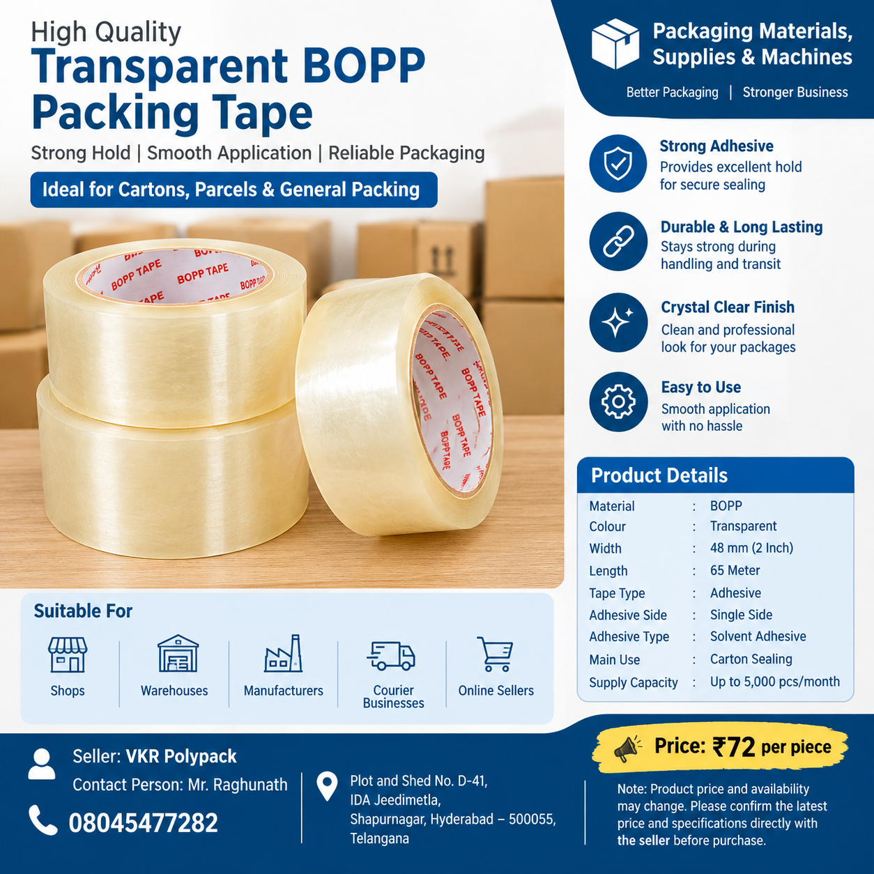 Transparent BOPP Self Adhesive Packaging Tape – 2 Inch